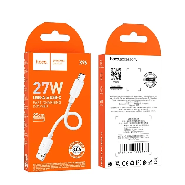 Кабель HOCO X96 Hyper 27W charging data cable Type-C (L=0.25M) White - Фото 2 Кабель HOCO X96 Hyper 27W charging data cable Type-C (L=0.25M) White - зображення 2