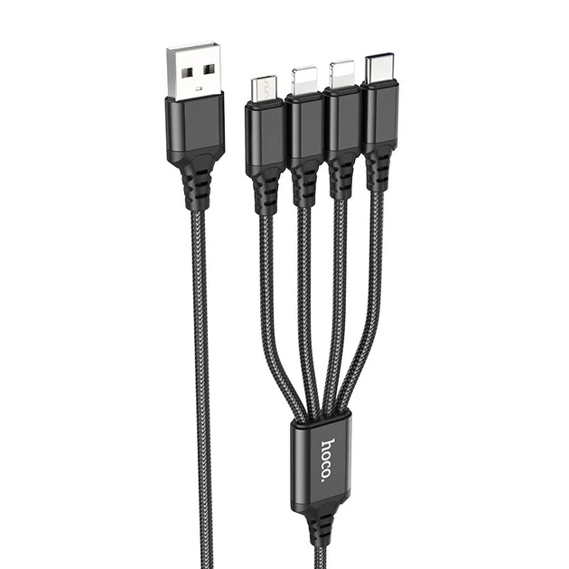 Кабель HOCO X76 4-in-1 Super charging cable (iP+iP+Type-C+Micro) Black - Фото 1 Кабель HOCO X76 4-in-1 Super charging cable (iP+iP+Type-C+Micro) Black - изображение 1