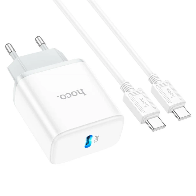Мережевий зарядний пристрій з кабелем HOCO C104A Stage single port PD20W charger set (Type-C to Type-C) (EU) White - Фото 6 Мережевий зарядний пристрій з кабелем HOCO C104A Stage single port PD20W charger set (Type-C to Type-C) (EU) White - зображення 6