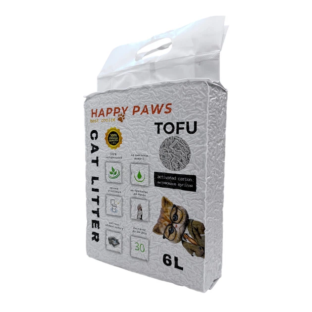 Наповнювач тофу HAPPY PAWS для котячих туалетів з активованим вугіллям 6л/2,6кг - Фото 2 Наповнювач тофу HAPPY PAWS для котячих туалетів з активованим вугіллям 6л/2,6кг - зображення 2
