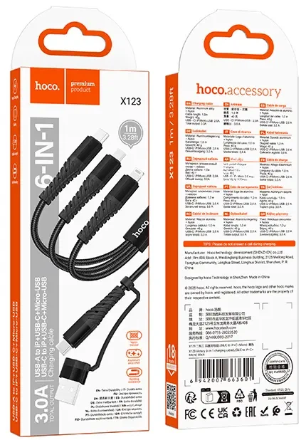 Кабель Hoco 6-в-1 USB-A + Type-C на Micro USB + Type-C + Lightning Черный (X123) - Фото 3 Кабель Hoco 6-в-1 USB-A + Type-C на Micro USB + Type-C + Lightning Черный (X123) - изображение 3