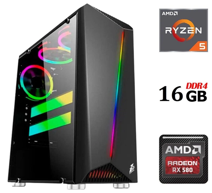 Ігровий ПК Dtop Gaming R558 Tower / AMD Ryzen 5 5500 (6 (12) ядер по 3.6 - 4.2 GHz) / 16 GB DDR4 / 480 GB SSD / AMD Radeon RX 580, 8 GB GDDR5, 256-bit / 500W - зображення 2
