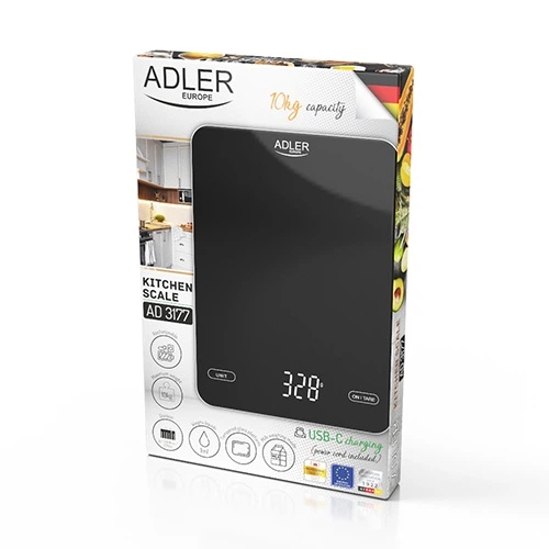 Кухонные весы Adler AD 3177 Black USB — до 10 кг с USB-C акумулятором - Фото 5 Кухонные весы Adler AD 3177 Black USB — до 10 кг с USB-C акумулятором - изображение 5