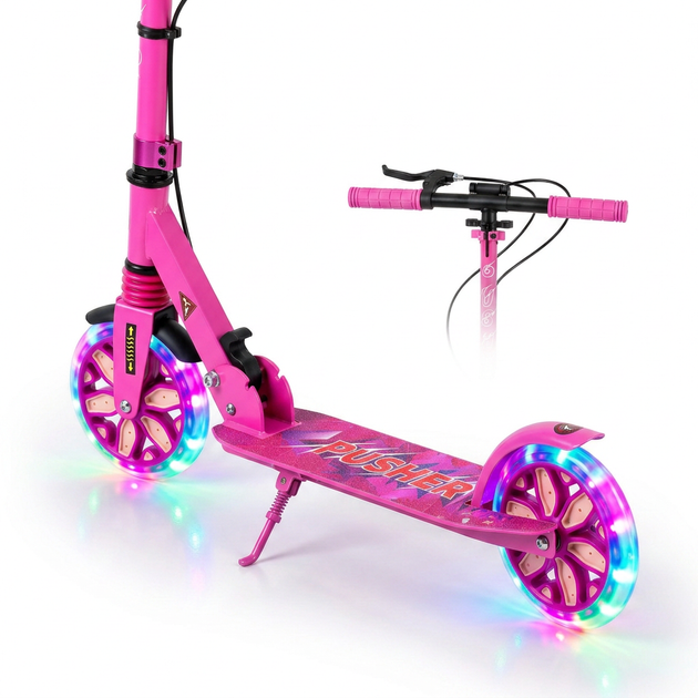 Самокат двухколесный складной розовый с светящимися колесами 200мм Scooter Pusher 5351 Pink - изображение 6