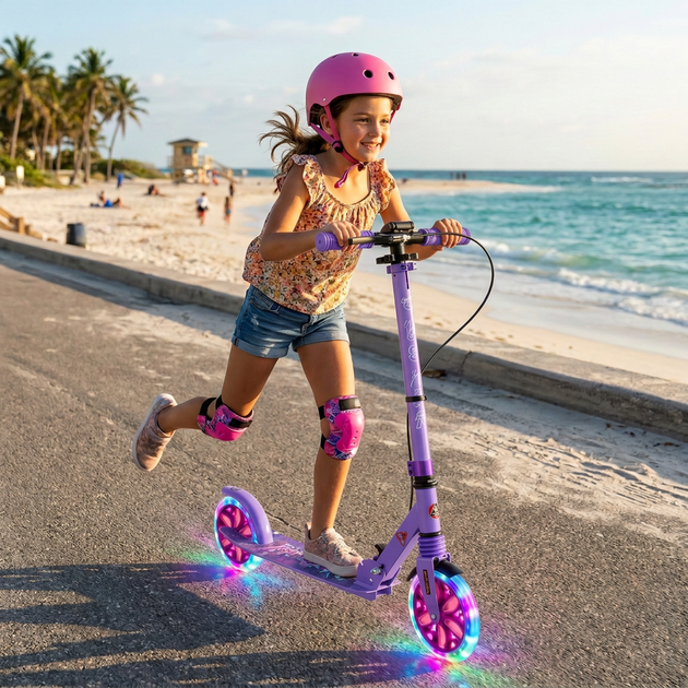 Самокат двухколесный складной фиолетовый с светящимися колесами 200мм Scooter Pusher 5351 Violet - изображение 10