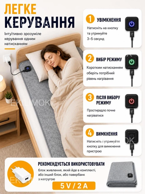 Електропростирадло з підігрівом від USB, ковдра 160×80 см, електричне простирадло на 3 режими та 6 зон нагріву 30–40°C, з блоком живлення, електроковдра-покривало для дому, дачі, кемпінгу та блекауту - зображення 8