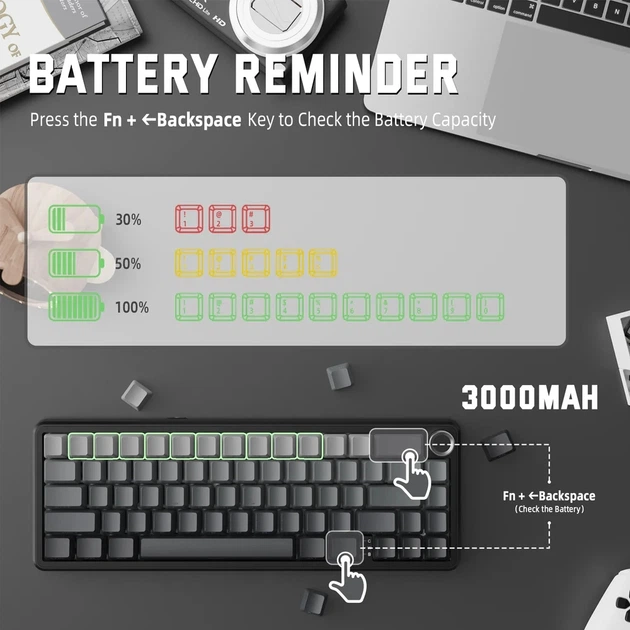 Клавиатура беспроводная ATTACK SHARK X66 Strawberry RGB USB/Bluetooth/Wireless Moonlit Night (X66MN_AS) - Фото 8 Клавиатура беспроводная ATTACK SHARK X66 Strawberry RGB USB/Bluetooth/Wireless Moonlit Night (X66MN_AS) - изображение 8