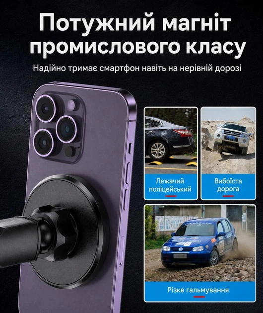 Магнітний тримач для телефону в машину на вакуумній присосці DAKOTA AirLock Mag 360 автотримач для iPhone MagSafe - зображення 10