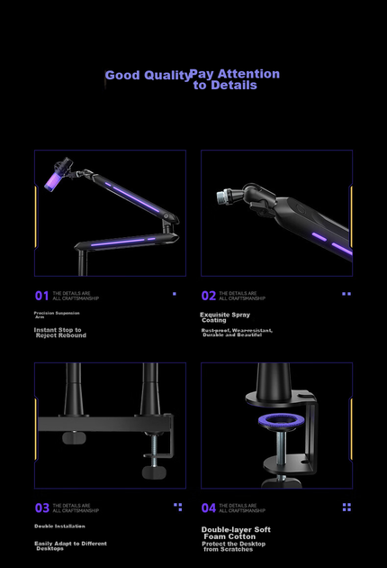 Стойка HUMANEX для микрофона настольная с пантографом и RGB-подсветкой, до 3 кг, белая - изображение 10