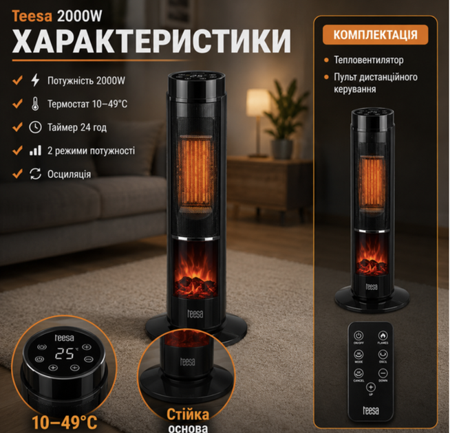 Тепловентилятор колонний Teesa 2000 Вт з ефектом каміна дистанційним керуванням LED дисплеєм термостатом таймером чорний - изображение 10
