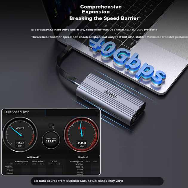 Корпус для жорсткого диска UNITEK USB4.0, портативний корпус для SSD M.2 NVMe 40 Гбіт/с, сумісний з Thunderbolt 4/3, зовнішній SSD для ноутбуків Macmini - зображення 5