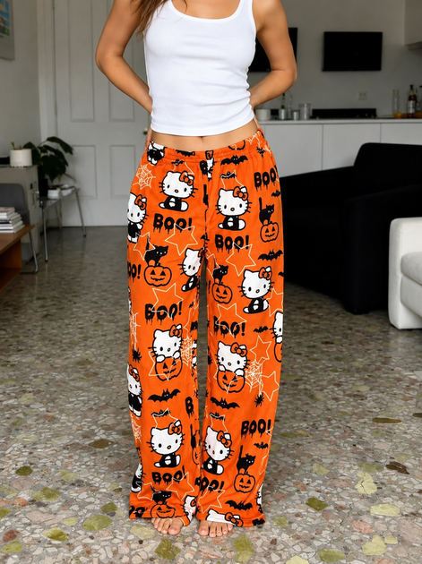 Штаны плюшевые пижамные оранжевого цвета Hello Kitty Helloween, теплые домашние штаны Хеллоу Китти Хеллоуин, S-M - Фото 1 Штаны плюшевые пижамные оранжевого цвета Hello Kitty Helloween, теплые домашние штаны Хеллоу Китти Хеллоуин, S-M - изображение 1