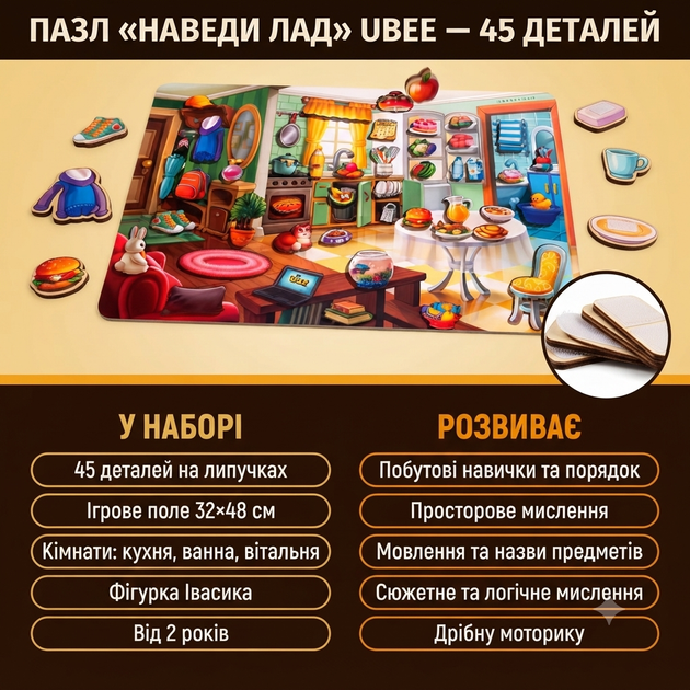 Деревянный пазл-вкладыш Ubee Наведи порядок и накорми Ваню развивающая игра сортер для детей от 2 лет - Фото 3 Деревянный пазл-вкладыш Ubee Наведи порядок и накорми Ваню развивающая игра сортер для детей от 2 лет - изображение 3