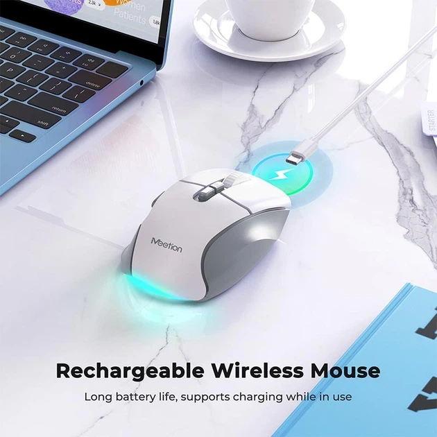 Компьютерная мышь Meetion беспроводная 2.4G + Bluetooth игровая 800–2400 dpi 7 кнопок RGB бело-серая (BTM001) - изображение 6