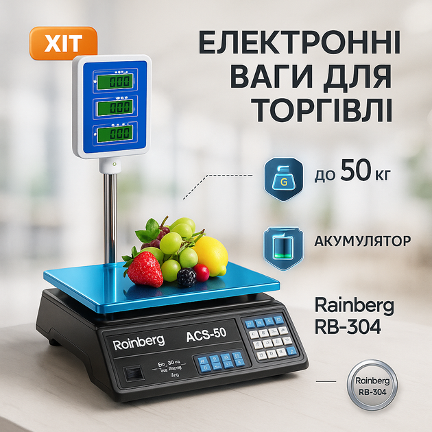 Торговые весы со стойкой Rainberg RB-304 для магазина до 50 кг - Фото 1 Торговые весы со стойкой Rainberg RB-304 для магазина до 50 кг - изображение 1