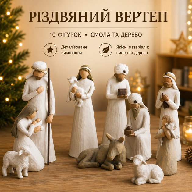 Рождественский вертеп Born Scene 10 фигурок из смолы и дерева, Святое Семейство, декор под елку для дома и офиса - Фото 1 Рождественский вертеп Born Scene 10 фигурок из смолы и дерева, Святое Семейство, декор под елку для дома и офиса - изображение 1
