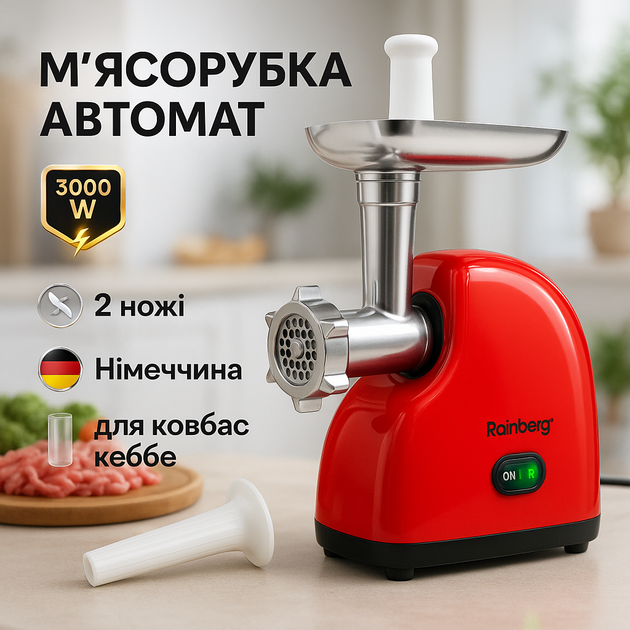 Мясорубка электрическая Rainberg RB-2319 с системой реверса насадка куббе 3000Вт Red - Фото 1 Мясорубка электрическая Rainberg RB-2319 с системой реверса насадка куббе 3000Вт Red - изображение 1