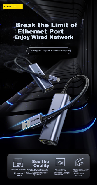 Сетевой адаптер Pisen NJ-AR05 / USB Type-C / 2.5 Гбит/с Ethernet - изображение 4