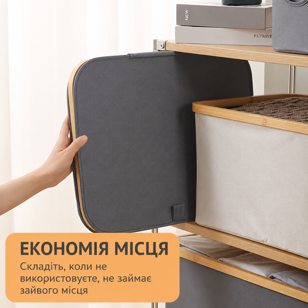 Корзина для хранения одежды вещей в гардеробе для стирки белья складная органайзер с крышкой и бамбуковыми ручками,серая LB-45 - изображение 4