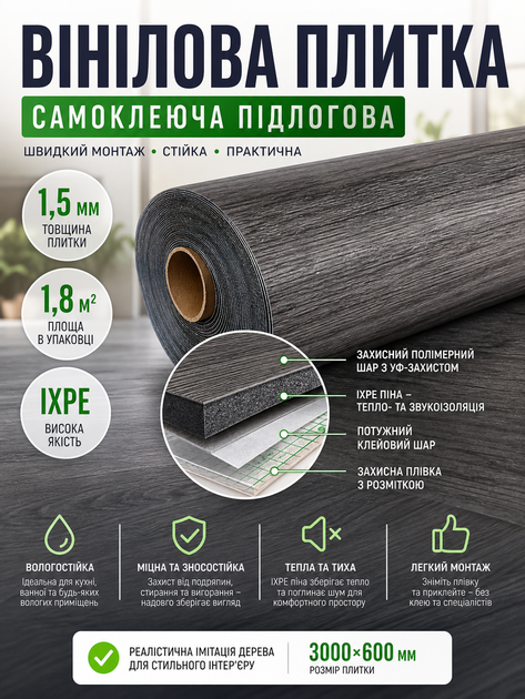 Плитка виниловая самоклеящаяся напольная 3000х600х1,5мм 1.8 м² IXPE пена SW-00003283 - Фото 1 Плитка виниловая самоклеящаяся напольная 3000х600х1,5мм 1.8 м² IXPE пена SW-00003283 - изображение 1