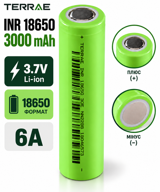 Аккумулятор TerraE INR18650 30E 3000 мА·год 3.7V Li-ion 6А - Фото 1 Аккумулятор TerraE INR18650 30E 3000 мА·год 3.7V Li-ion 6А - изображение 1