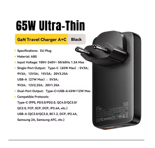 Зарядное устройство Essager Ultra Thin GaN 65W USB-C + USB-A быстрая зарядка PD/QC (ультратонкий, ECT65W-PYB0G-Z) - изображение 2