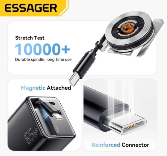 Зарядное устройство с выдвижным кабелем Type-C Essager ES-CD49 USB-A, USB-C 65W - Фото 7 Зарядное устройство с выдвижным кабелем Type-C Essager ES-CD49 USB-A, USB-C 65W - изображение 7