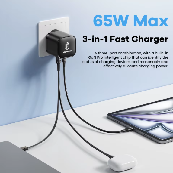 Зарядное устройство с выдвижным кабелем Type-C Asometech USB-A, USB-C 65W - Фото 3 Зарядное устройство с выдвижным кабелем Type-C Asometech USB-A, USB-C 65W - изображение 3