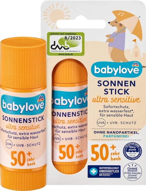 Сонцезахисний стік Sensitive SPF 50+ babylove, 20 г - Фото 1 Сонцезахисний стік Sensitive SPF 50+ babylove, 20 г - изображение 1