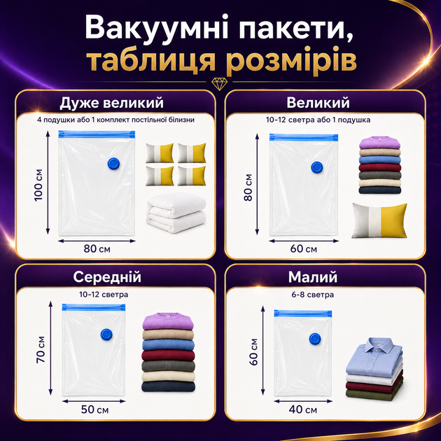 Набор вакуумных пакетов 16 шт,40×60 см-8 шт,50×70 см-4 шт,60×80 см-2 шт,80×100 см-2 шт с насосом для переезда и путешествий, хранения одежды, вещей,в шкафу, гардеробной и сезонной смены гардероба, вакуумные с клапаном и зип-замком - изображение 9