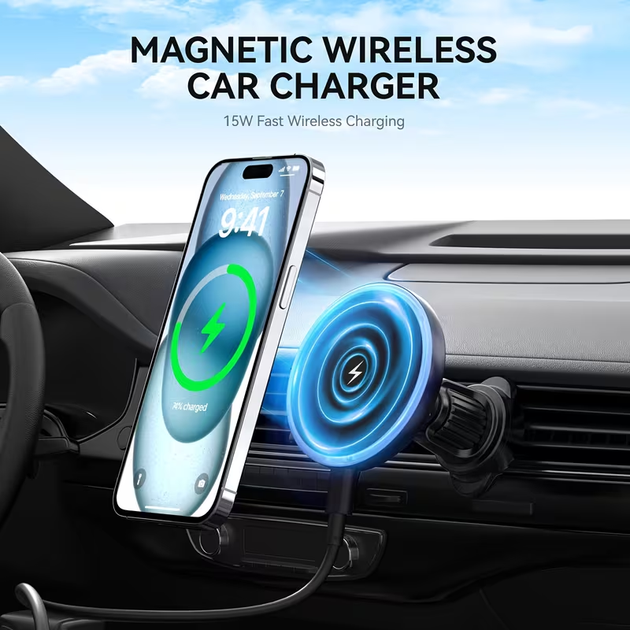 Магнитный автодержатель с беспроводной зарядкой 15W Qi MagSafe — Автомобильный держатель для телефона на дефлектор с LED-подсветкой 360° - изображение 5