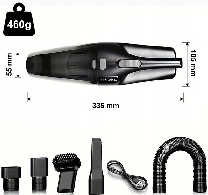 Odkurzacz Zenwire bezprzewodowy samochodowy ręczny mocny akumulatorowy USB-C A4 (5904507522124) - obraz 6