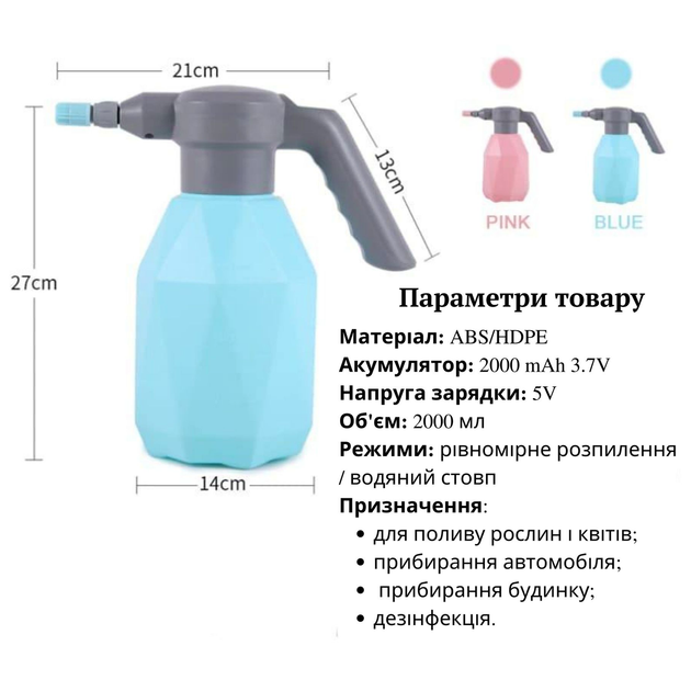 Аккумуляторный опрыскиватель 2 литра с поворотной штангой для полива и уборки с USB зарядкой синий MC-10645 - изображение 3