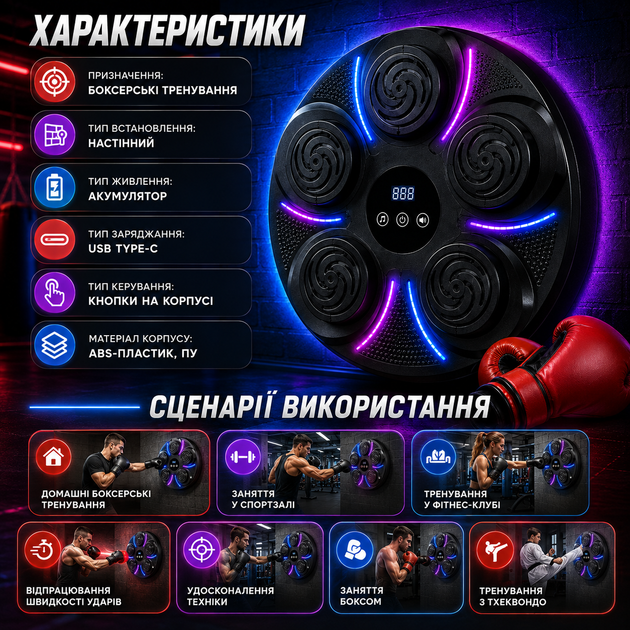 Музичний тренажер GT-608 з RGB-підсвічуванням Настінна боксерська груша 40 × 40 × 10 см на акумуляторі USB Type-C рукавички в комплекті - зображення 4