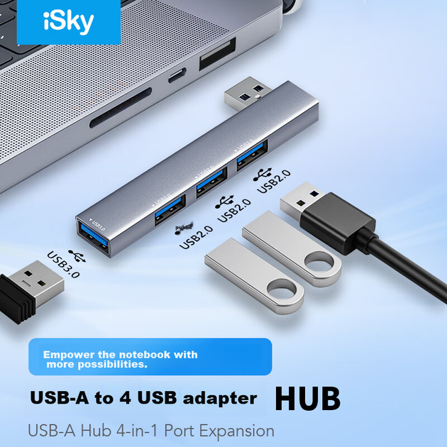 USB-хаб Isky, док-станция расширения с клейкой основой с правой стороны, преобразователь USB в USB 3.0, док-станция расширения для ноутбука, разветвитель HUB на четыре входа. - изображение 4