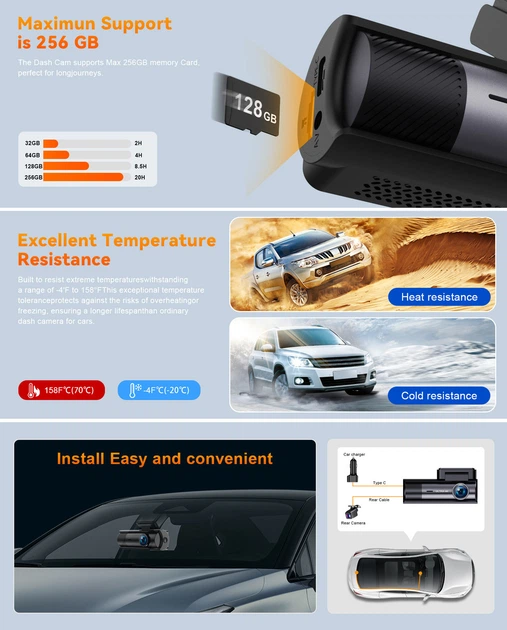 Автомобільний відеореєстратор Terra HD-2293SE 4K+1K, Wi-Fi, 2 камери - зображення 6