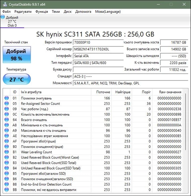 SSD диск 2.5 SATA 256GB SK hynix б/в - Фото 3 SSD диск 2.5 SATA 256GB SK hynix б/в - зображення 3
