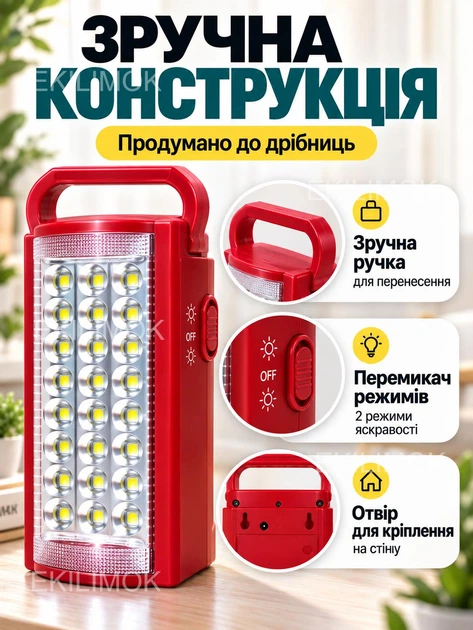 Аккумуляторный портативный LED фонарик переносной фонарь лампа для аварийного освещения во время блекаута и отключения электроэнергии, для дома, кемпинга, туризма, с PowerBank и USB портом, 24 светодиода, два режима работы до 80 часов - изображение 6