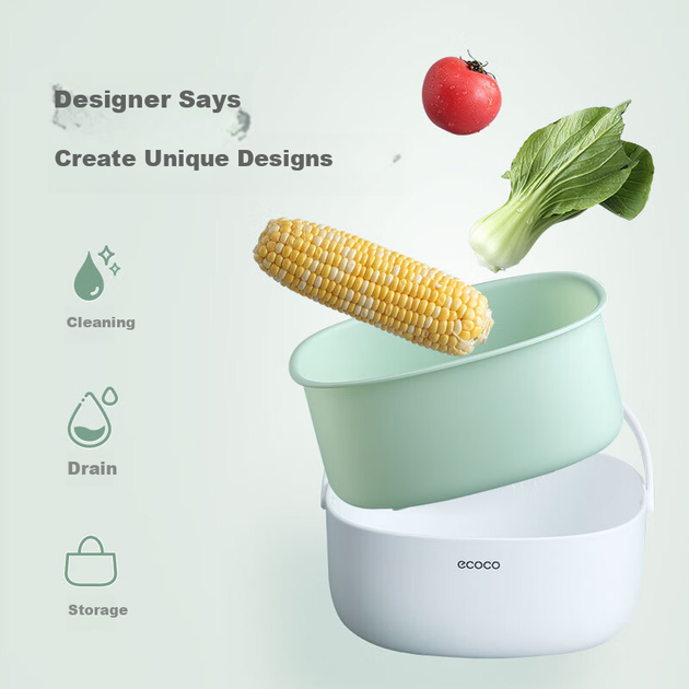 Корзина для сушки Ecoco, корзина для мытья овощей, двухслойная корзина для фруктов, кухонная корзина-сито, утолщенная, размер E2025, маленькая. - изображение 5
