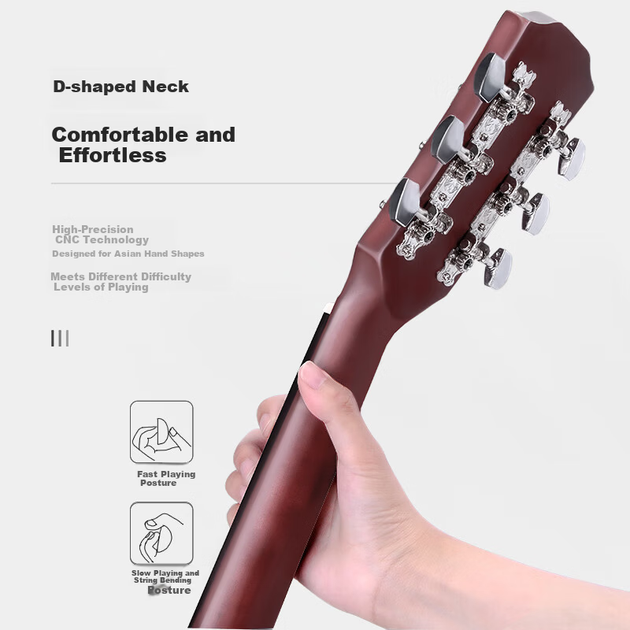 Акустическая гитара Maner Musical Instruments 38 дюймов, для начинающих, в стиле фолк, вестерн, струнный инструмент с полным набором аксессуаров, цвет натурального дерева. - изображение 7