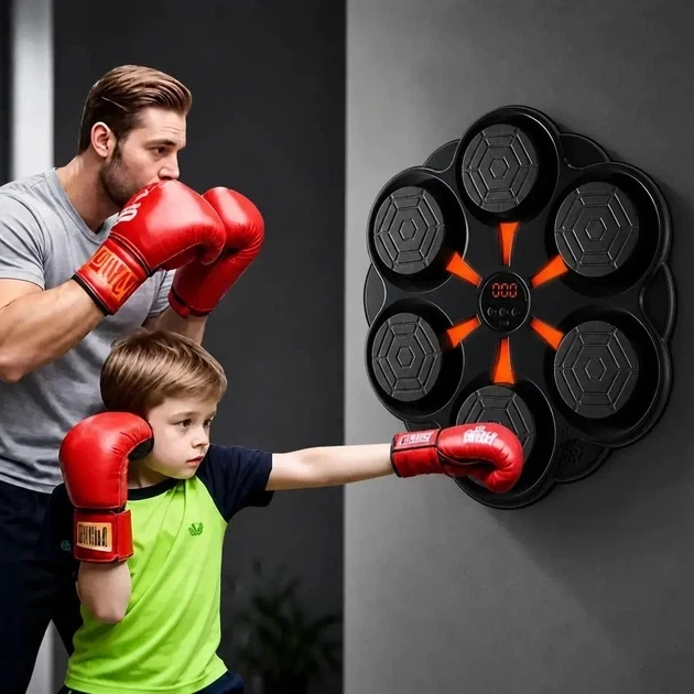 Боксерская мишень настенная с Bluetooth музыкой и подсветкой 6 зон 32x32 см Черная с перчатками - изображение 2
