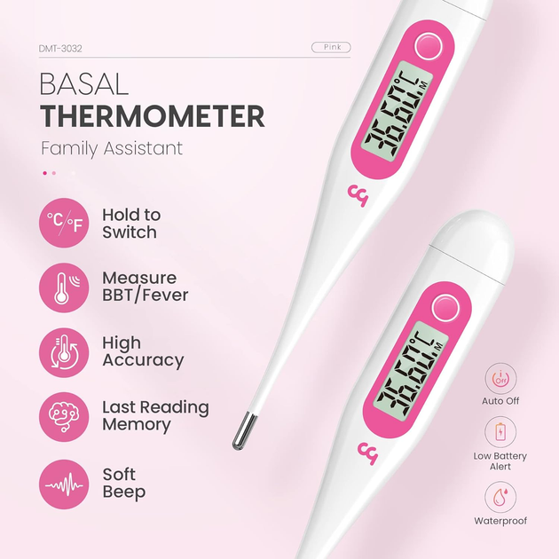 Базальный термометр Vinca Lite Femometer для мониторинга фертильности и овуляции, цифровой, без Bluetooth, розовый - Фото 3 Базальный термометр Vinca Lite Femometer для мониторинга фертильности и овуляции, цифровой, без Bluetooth, розовый - изображение 3