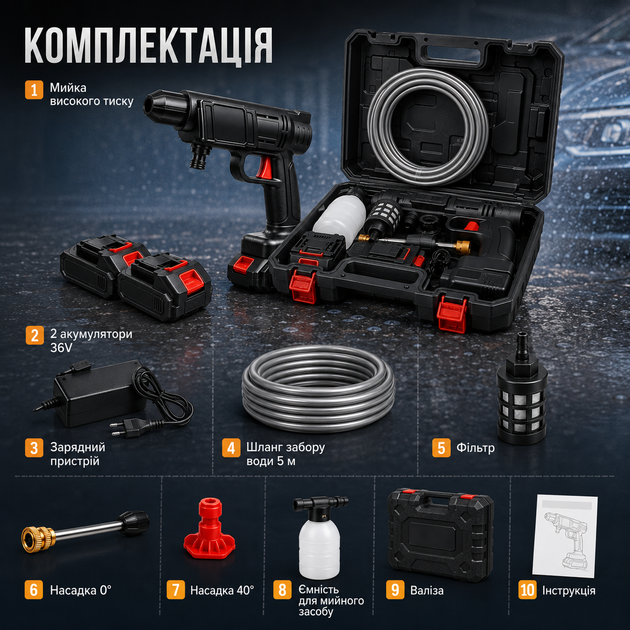 Портативна мийка високого тиску LEO TOOLS 250 Вт 30 бар з подвійним акумулятором - Фото 2 Портативна мийка високого тиску LEO TOOLS 250 Вт 30 бар з подвійним акумулятором - изображение 2