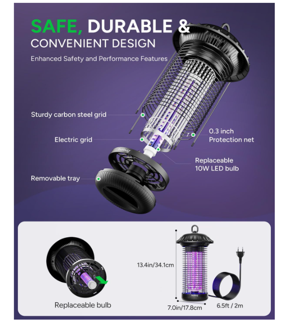 Лампа-уничтожитель насекомых Buzbug MO008C LED, электрическая ловушка для комаров и мух, 2-диапазонное включение, ресурс до 50 000 - изображение 3