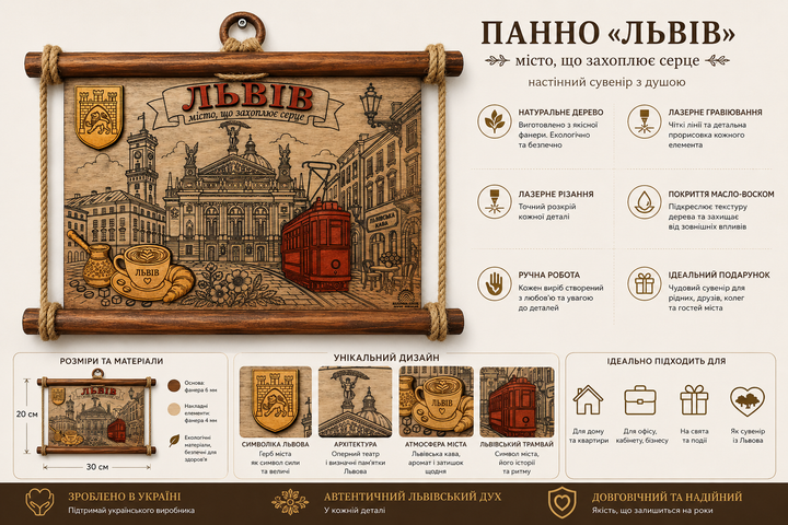 Дерев’яне панно «Львів» 30×20 см — сувенір з архітектурою Львова, гербом, трамваєм та лазерним гравіюванням - изображение 2