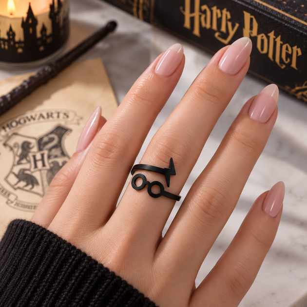 Каблучка Гаррі Поттер Окуляри та Блискавка чорна, регульоване кільце Harry Potter, стильний перстень-біжутерія - Фото 2 Каблучка Гаррі Поттер Окуляри та Блискавка чорна, регульоване кільце Harry Potter, стильний перстень-біжутерія - зображення 2