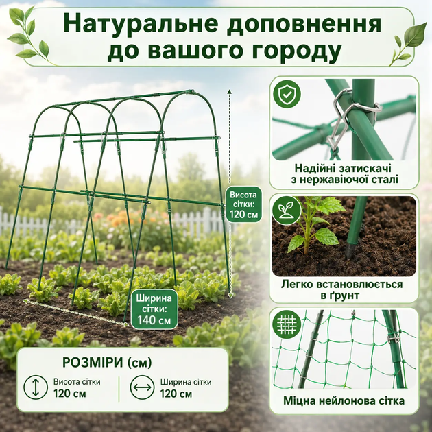Садовая U-образная шпалера-арка для вьющихся растений с сеткой 160 × 120 см CU-M - изображение 2