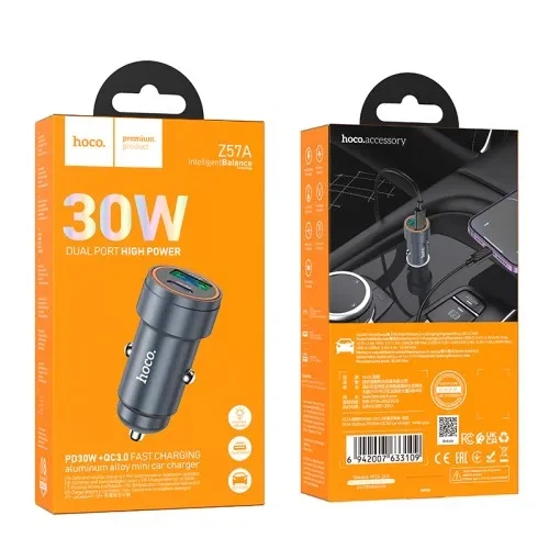 АЗП HOCO Z57A Glorious PD30W+QC3.0 car charger Metal Gray - Фото 2 АЗП HOCO Z57A Glorious PD30W+QC3.0 car charger Metal Gray - зображення 2