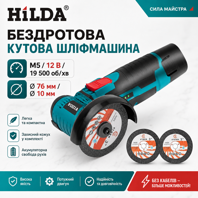 Аккумуляторная мини-угловая шлифовальная машина HILDA 12 В 76 мм 19500 об/хв с кейсом - изображение 2
