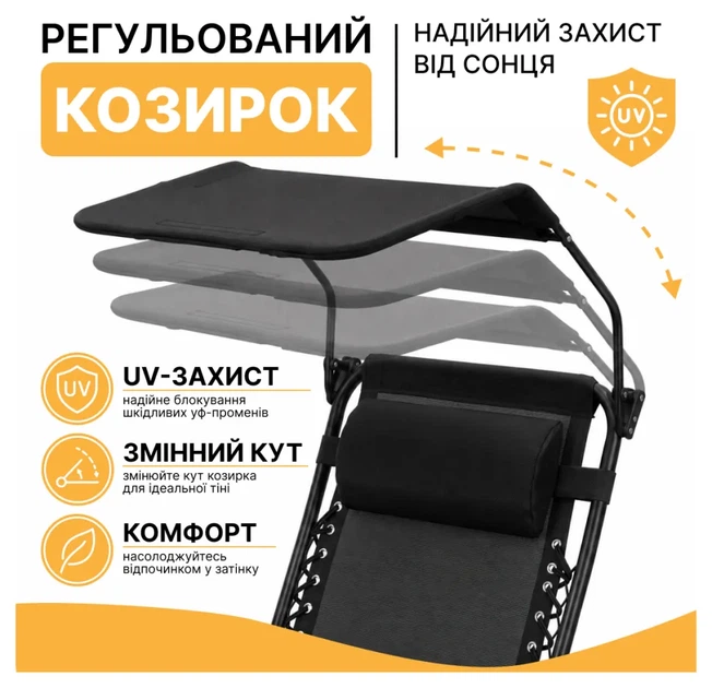 Розкладне крісло шезлонг з козирком LEOBRO Zero Gravity Black (LB-ZGC-H1-BLK) (LEO_LB-ZGC-H1-BLK) - зображення 11